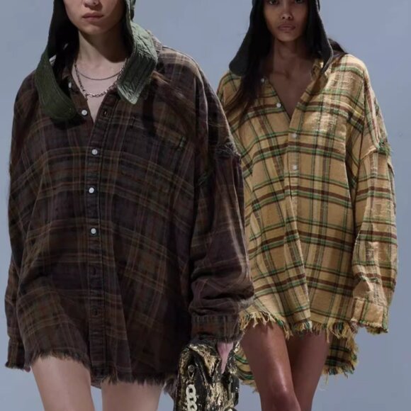 NWT R13 Shredded Seam Drop Neck Shirt Teal Navy Yellow Plaid Brown - Picture 2 of 13